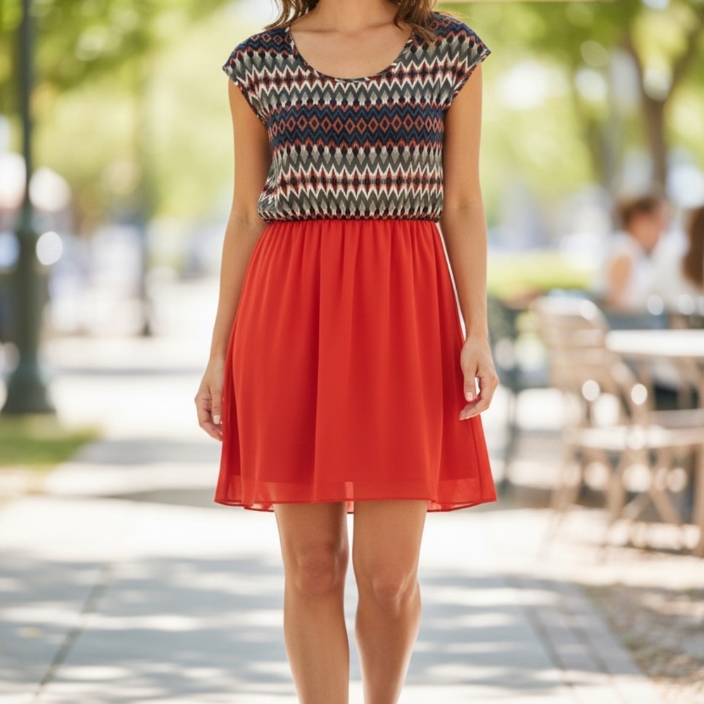 Orange and Patterned Scoop Neck Cap Sleeve Dress, Sz XL